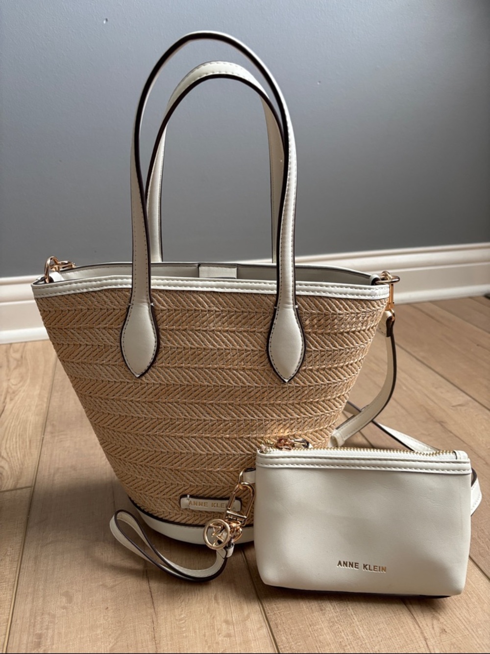 Anne Klein Straw and Faux Leather Crossbody With Matching Zipper Pouch